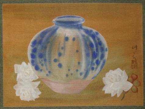 山村耕花(豊成)「花瓶とバラ」