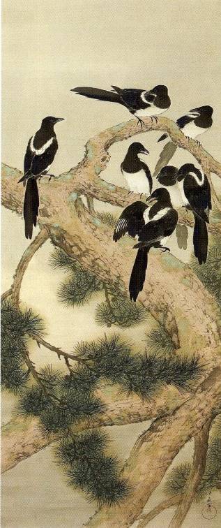 荒木十畝「老松喜鵲」