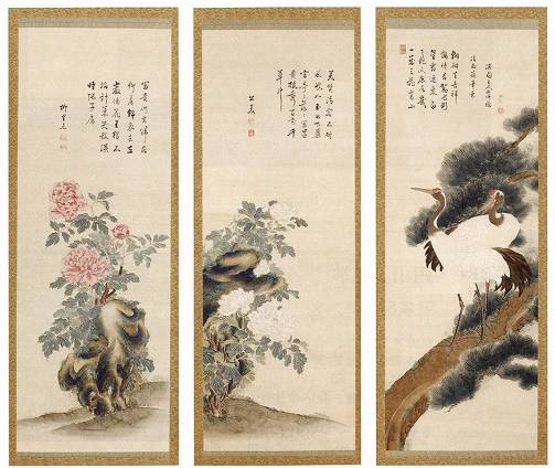 柳沢淇園「松鶴 紅牡丹 白牡丹(三幅対)」